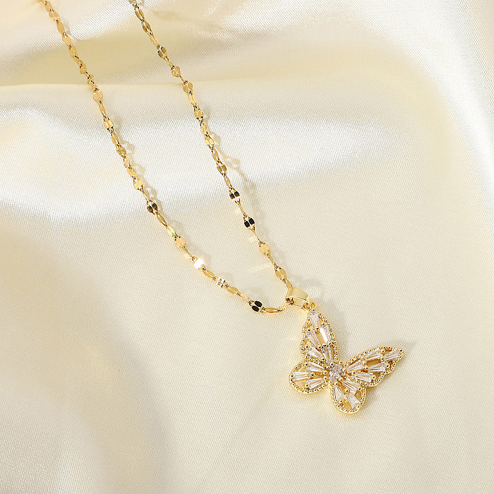 1 Stück elegante Schmetterlings-Halskette mit Zirkon-Anhänger aus Edelstahl mit Inlay