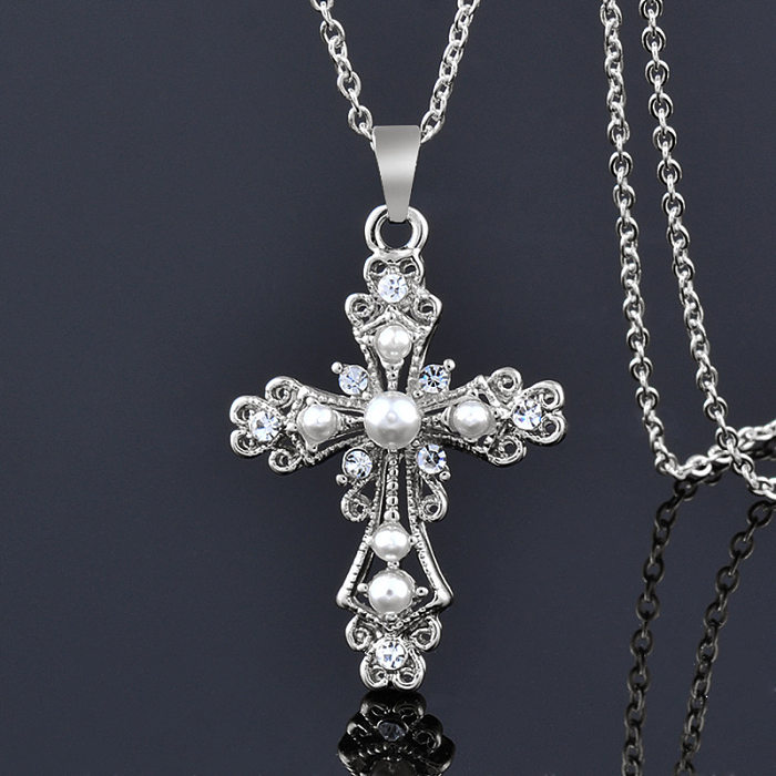 Simple Style Cross Stainless Steel Gold Plated Inlay Rhinestones Pearl Pendant Necklace 1 Piece