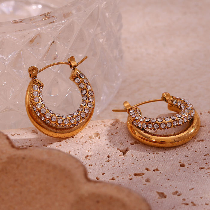 1 Pair French Style Round Stainless Steel  Plating Inlay Zircon 18K Gold Plated Hoop Earrings