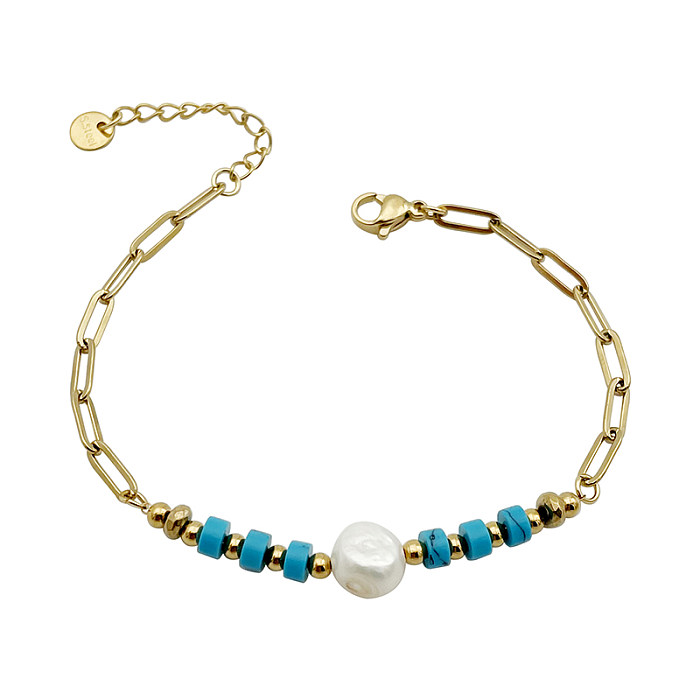 Bracelets plaqués or, Style Vintage élégant, Imitation de perles colorées en acier inoxydable, placage de pierre naturelle