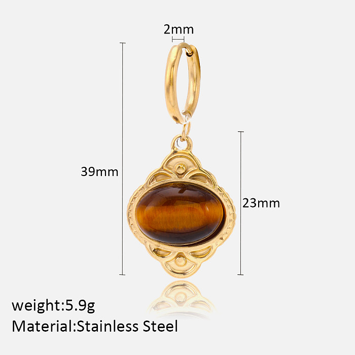 1 Pair Retro French Style Oval Stainless Steel  Plating Inlay Artificial Gemstones 18K Gold Plated Drop Earrings