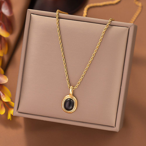 Retro Round Stainless Steel Inlay Agate Pendant Necklace