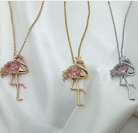 Sweet Flamingo Stainless Steel Copper Inlay Zircon Pendant Necklace