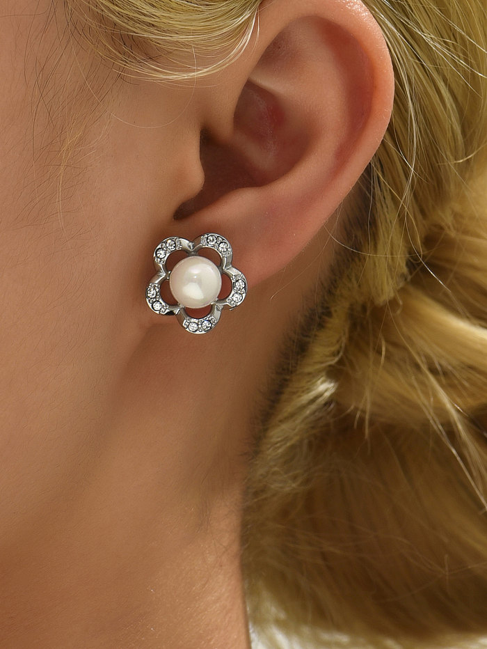 Mode fleur incrustation en acier inoxydable perles artificielles strass clous d'oreille 1 paire