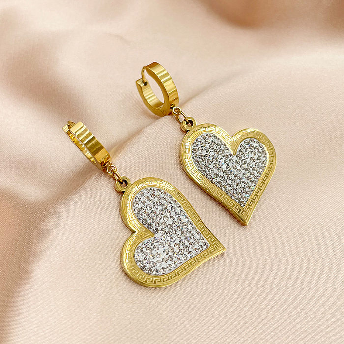 Boucles d'oreilles pendantes en forme de cœur, incrustation en acier inoxydable, Zircon, 1 paire