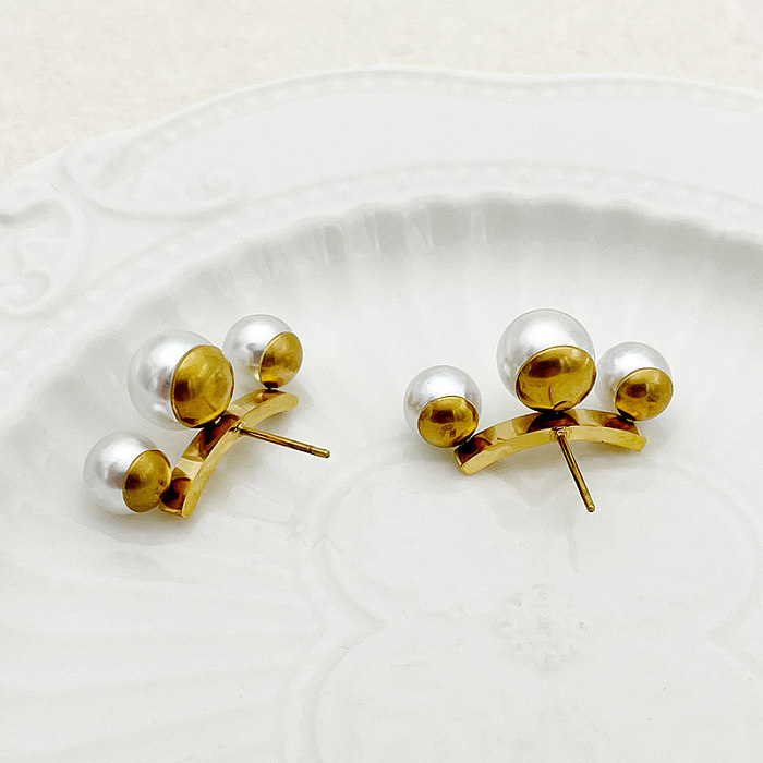 1 par elegante estilo vintage cor sólida chapeamento incrustação de aço inoxidável pérola banhado a ouro brincos
