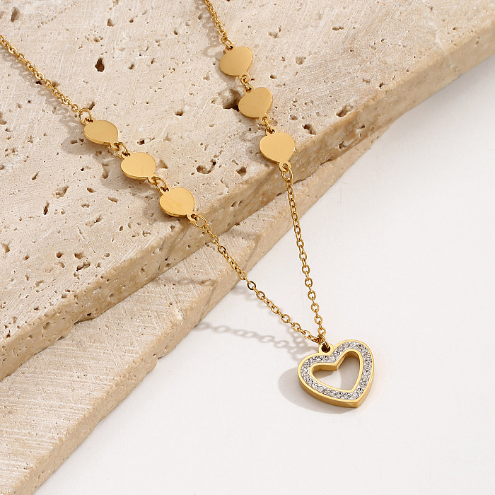 Elegant Simple Style Heart Shape Stainless Steel  Plating Inlay Rhinestones 14K Gold Plated Necklace