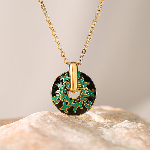 Retro Geometric Round Stainless Steel Enamel Plating 18K Gold Plated Pendant Necklace
