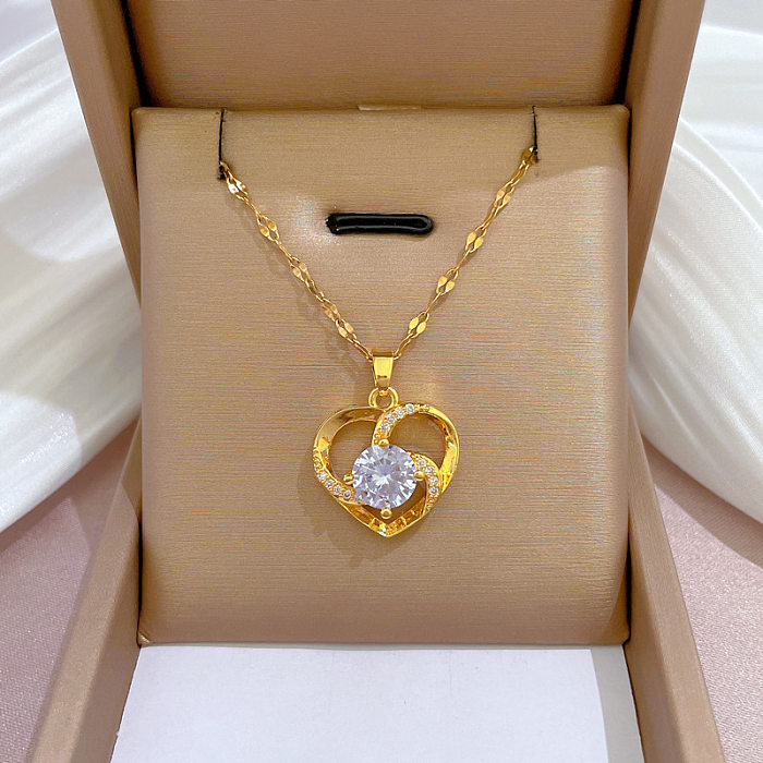Collier pendentif en diamant artificiel avec incrustation de cuivre en acier inoxydable en forme de cœur à la mode