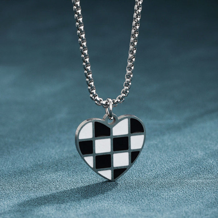 Cute Simple Style Lattice Heart Shape Stainless Steel  Enamel Plating White Gold Plated Platinum Plated Pendant Necklace