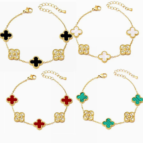 Pulseiras de strass banhadas a ouro de aço inoxidável com flor de estilo simples a granel