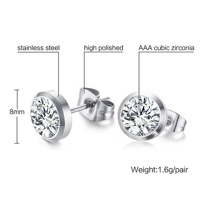 Fashion Round Stainless Steel  Polishing Plating Inlay Zircon Ear Studs 1 Pair