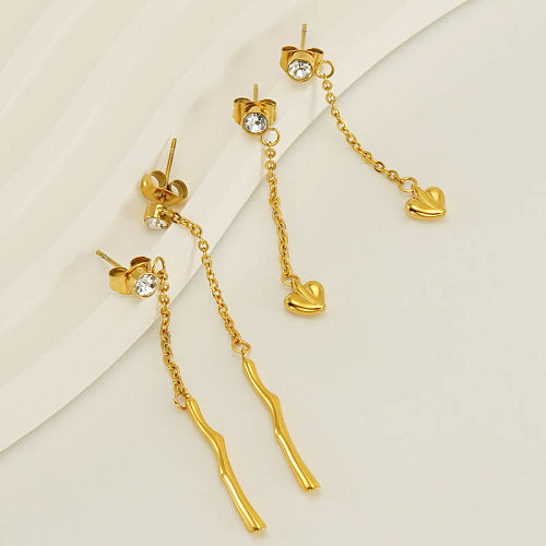 1 Pair Elegant Tassel Heart Shape Plating Inlay Stainless Steel  Zircon 18K Gold Plated Drop Earrings