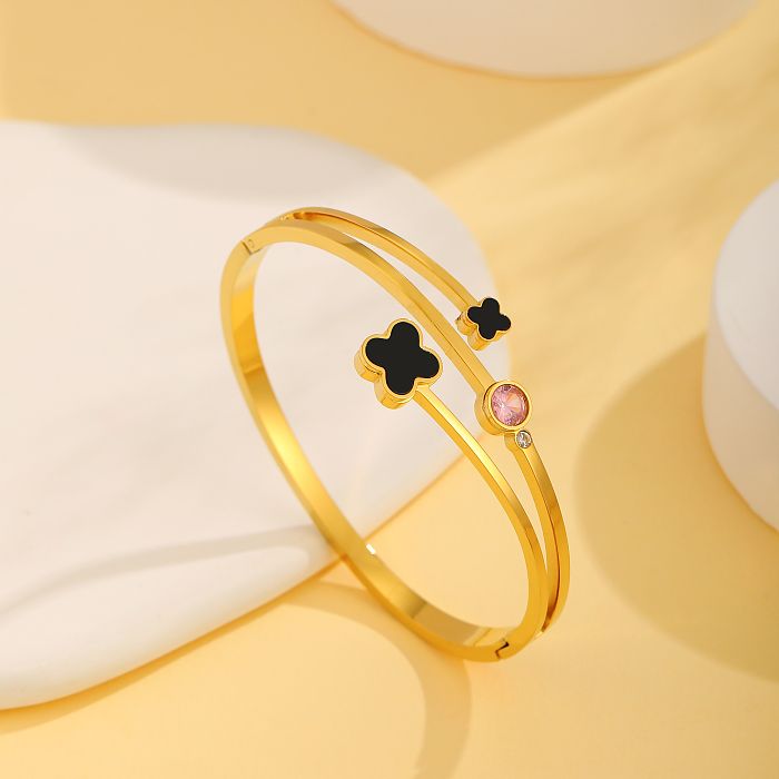 Wholesale IG Style Simple Style Four Leaf Clover Titanium Steel Plating Inlay 18K Gold Plated Zircon Bangle