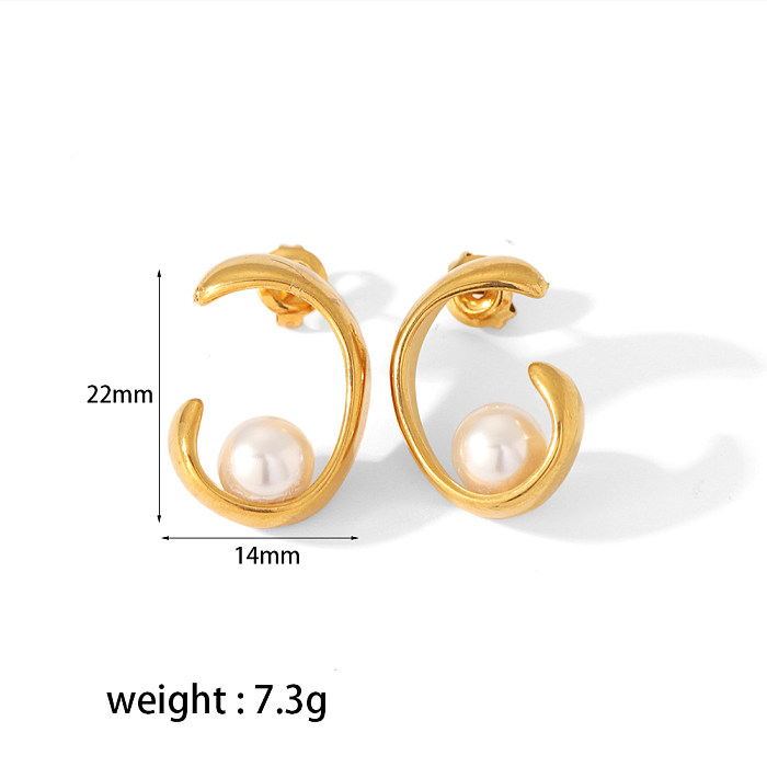 1 paire de clous d'oreilles plaqués or 18 carats, Style IG Simple, cercle en forme de C, incrustation de placage de polissage, perle en acier inoxydable, Zircon
