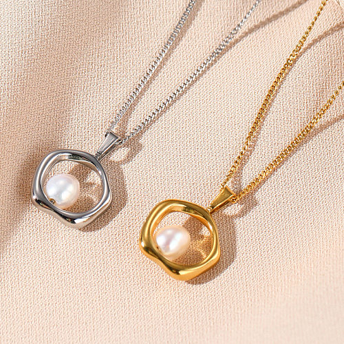 Fashion Solid Color Stainless Steel Plating Inlay Pearl Pendant Necklace 1 Piece