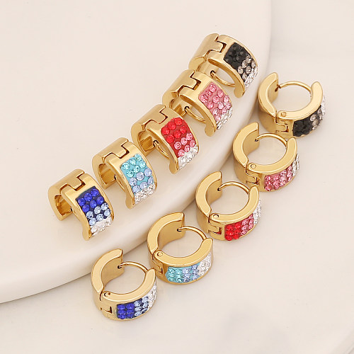 Fashion Round Stainless Steel  Inlay Artificial Diamond Hoop Earrings 1 Pair