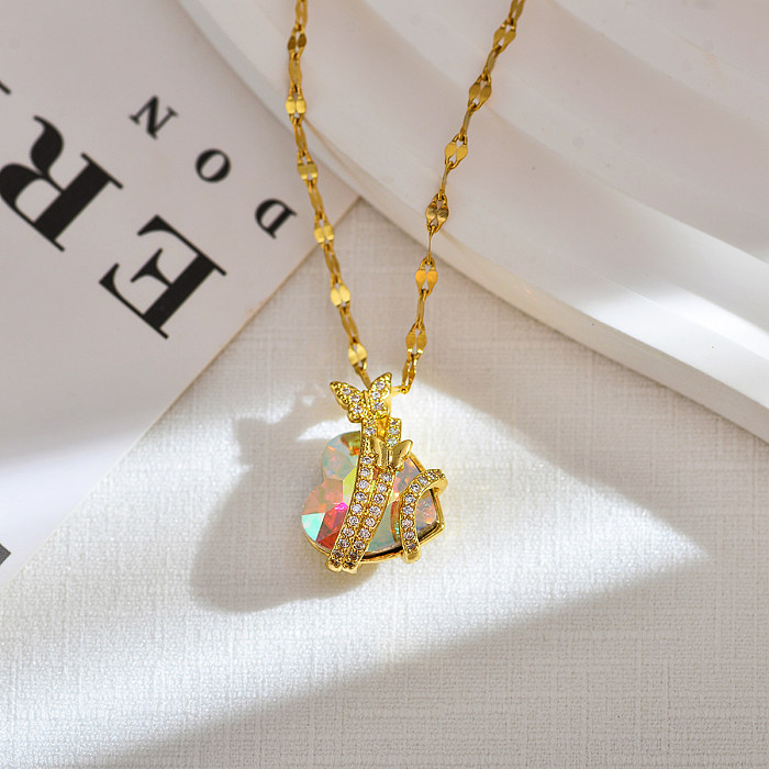 Simple Style Classic Style Heart Shape Butterfly Stainless Steel Copper Plating Inlay Zircon 18K Gold Plated Pendant Necklace