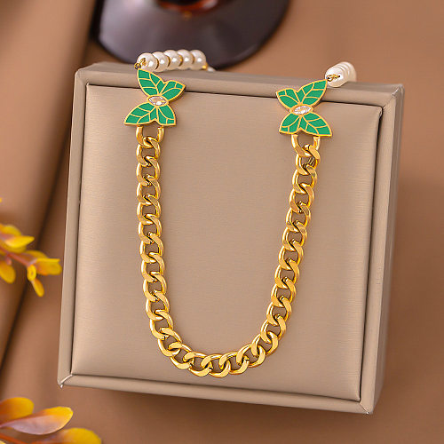 Collar de diamantes artificiales con incrustaciones de perlas de acero inoxidable con forma de mariposa elegante