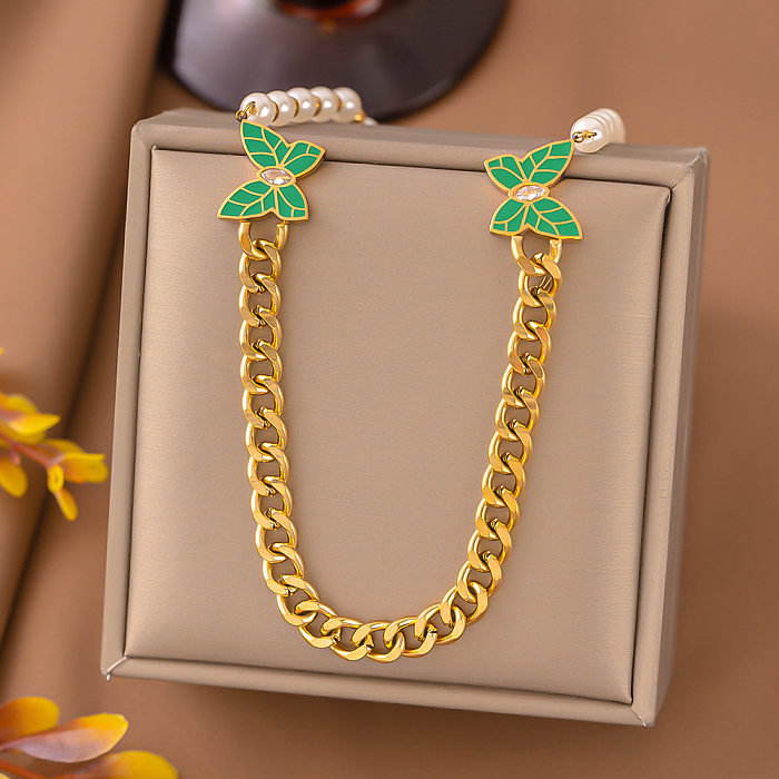 Elegante Schmetterlings-Halskette aus Edelstahl mit Perlenbeschichtung und künstlichem Diamant-Inlay