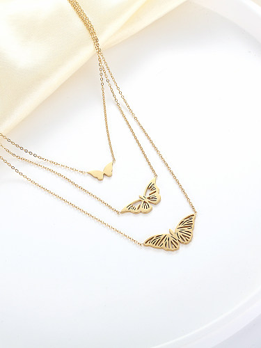 Wholesale Korean Style Butterfly Stainless Steel  14K Gold Plated Layered Necklaces