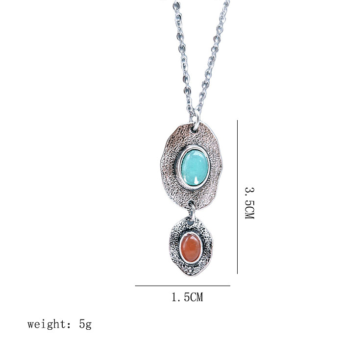 Retro Bohemian Oval Stainless Steel  Alloy Plating Inlay Artificial Gemstones Silver Plated Pendant Necklace