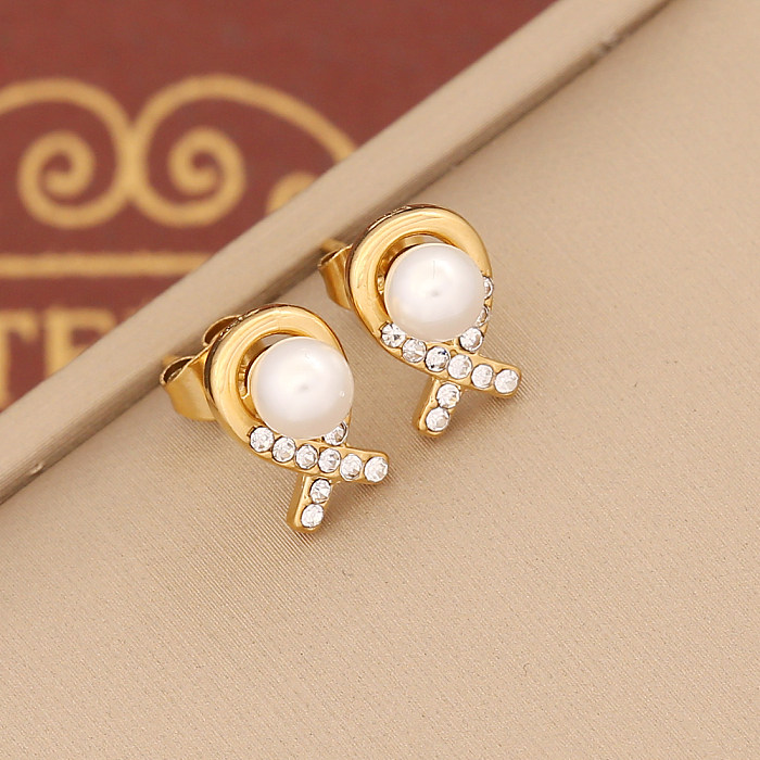 1 Paar Retro-Ohrringe mit geometrischer Beschichtung und Inlay aus Edelstahl mit künstlichen Perlen und Zirkonen