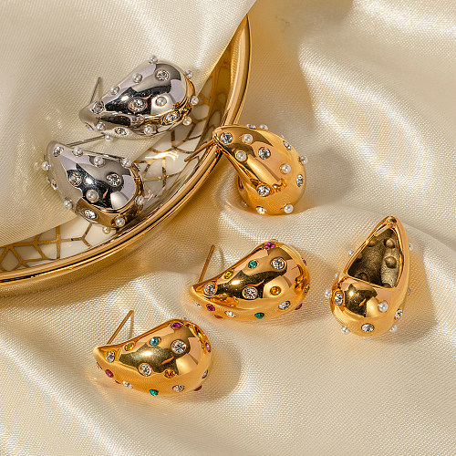 1 Paar lässige Ohrstecker im IG-Stil mit Wassertropfen-Beschichtung, Inlay aus Edelstahl, Strasssteinen und Perlen, 18 Karat vergoldet