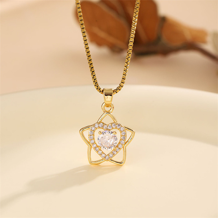 Cute Shiny Star Heart Shape Stainless Steel  Stainless Steel Plating Inlay Zircon 18K Gold Plated Pendant Necklace