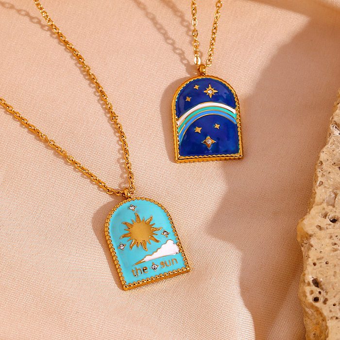 Vintage Style Commute Sun Star Stainless Steel  Enamel Plating 18K Gold Plated Pendant Necklace