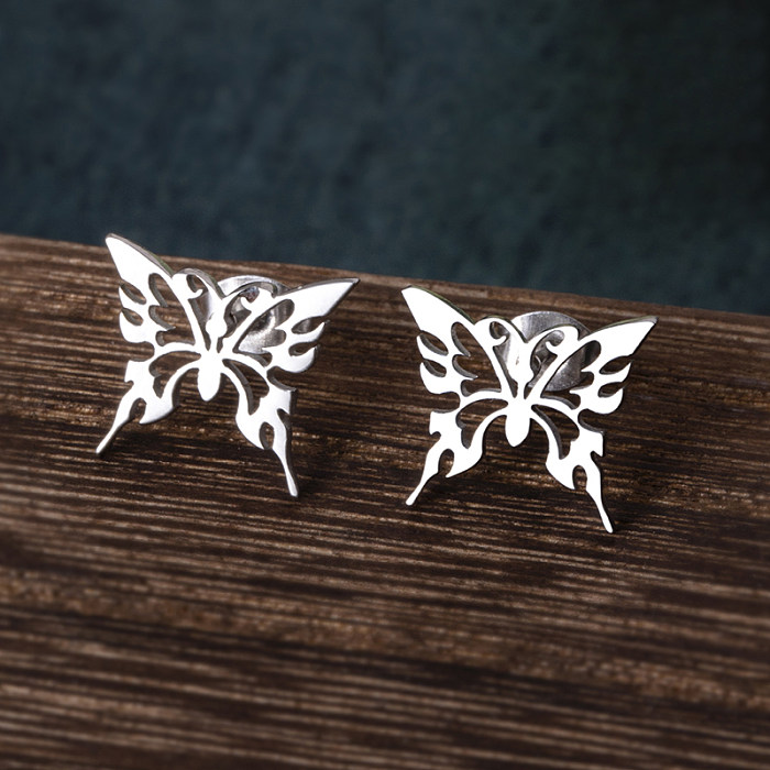 Pendientes huecos de acero inoxidable con forma de mariposa de estilo simple, 1 par