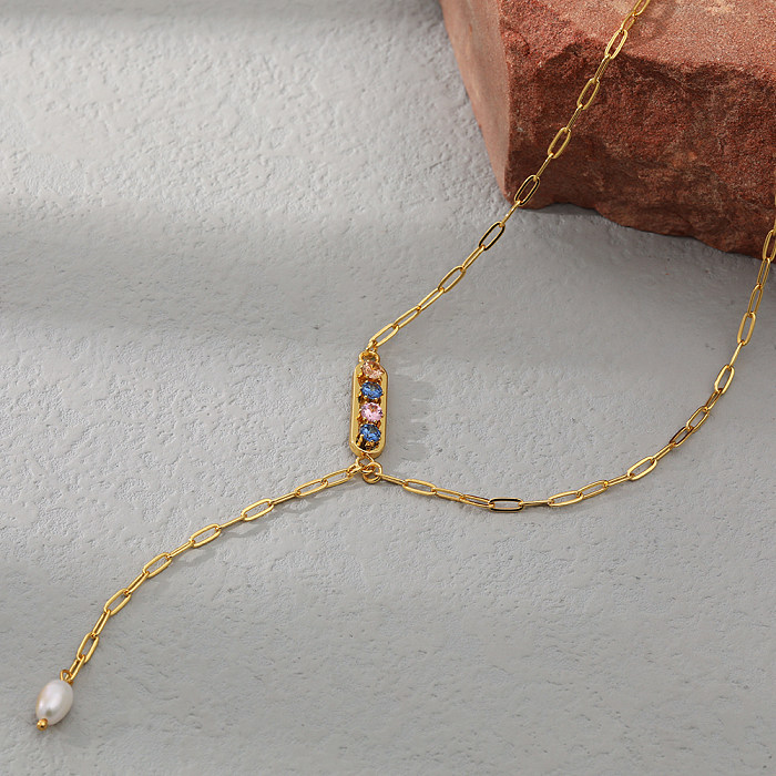 Modische einfarbige Edelstahl-Halskette, Perlen-Inlay, Zirkon-Edelstahl-Halsketten, 1 Stück