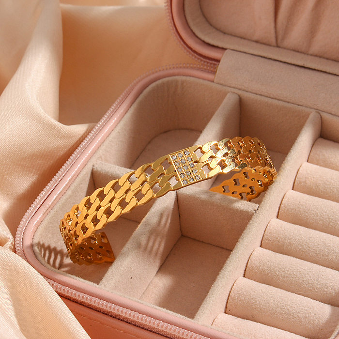 Moda feminina retrô galvanizada 18K ouro dupla camada incrustada pulseira de aço inoxidável de zircônio