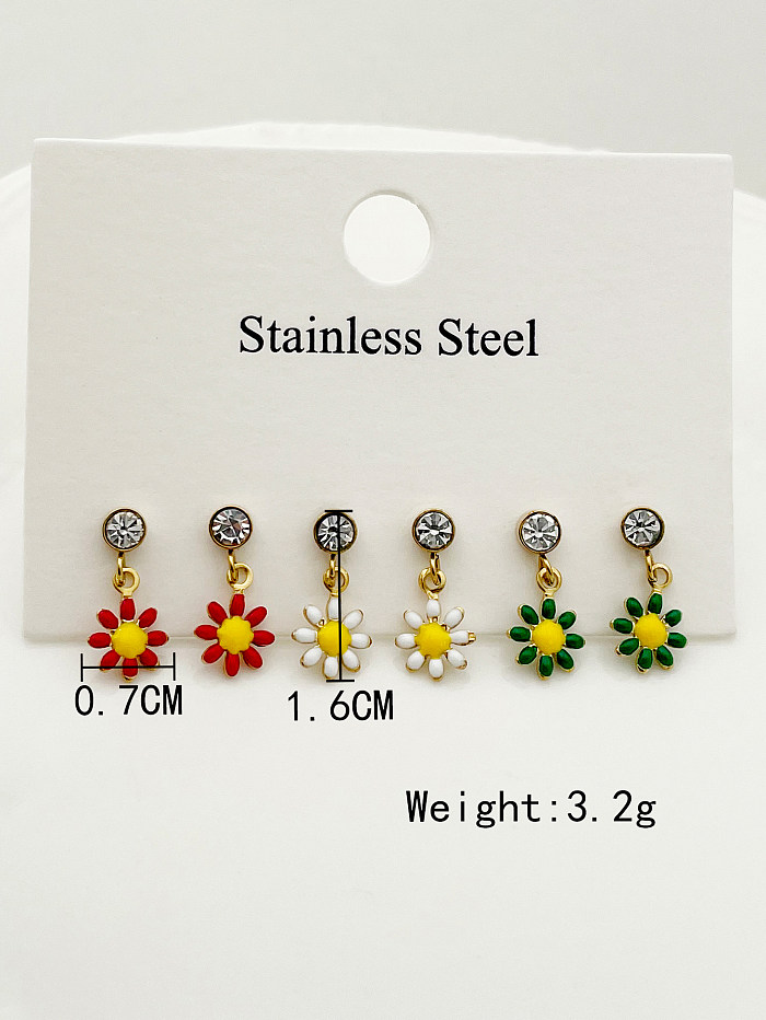 1 Set Cute French Style Sweet Flower Enamel Plating Inlay Stainless Steel  Artificial Pearls Zircon Gold Plated Ear Studs