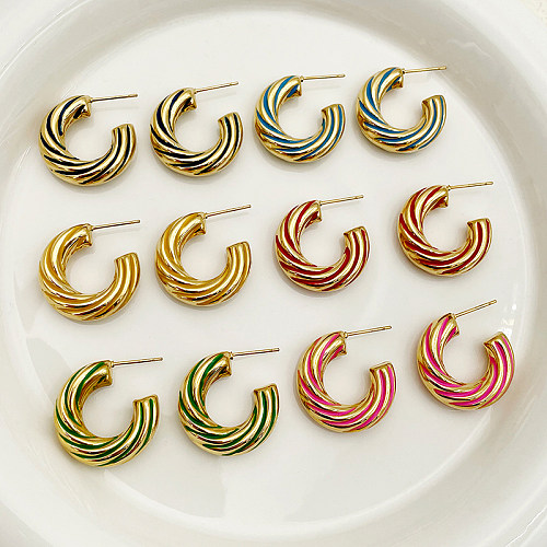 1 par elegante estilo simples forma C espiral listra esmalte chapeamento de aço inoxidável brincos banhados a ouro