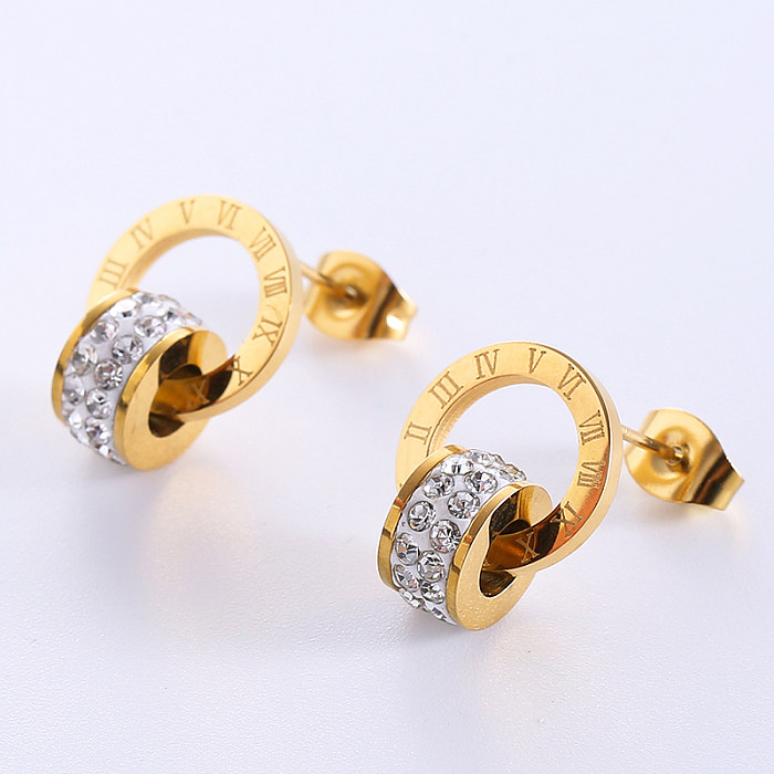 1 par casual numeral romano chapeamento incrustação de aço inoxidável diamante artificial 18k banhado a ouro rosa brincos de orelha