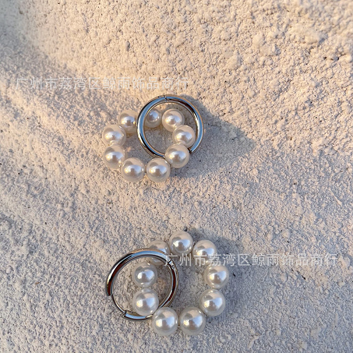Retro Pearl Shell Beads Circle Cute Cotton Ear Buckle Stainless Steel Plated 18K Earrings