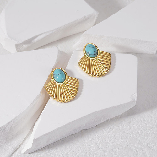 1 Pair Classic Style Sector Plating Inlay Stainless Steel  Turquoise 18K Gold Plated Ear Studs