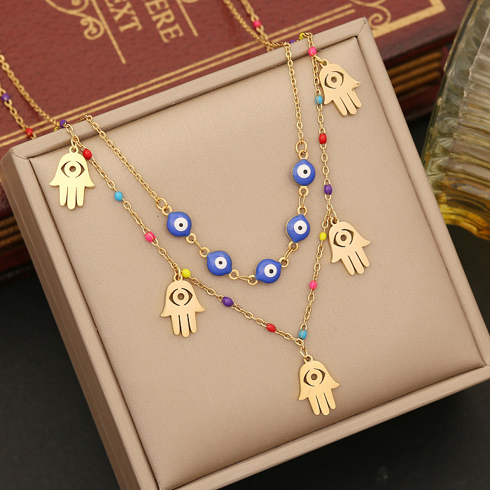 Exaggerated Bohemian Hand Eye Stainless Steel  Layered Enamel Layered Necklaces