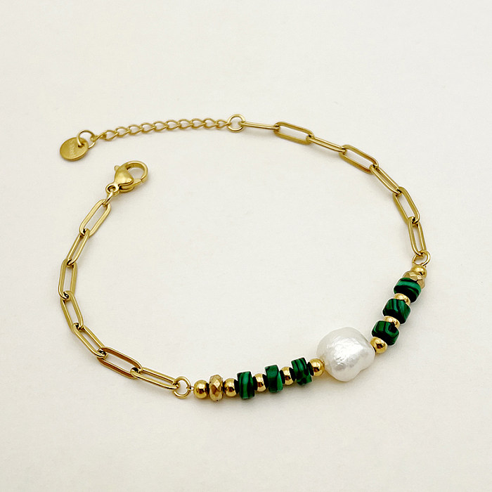 Elegante estilo vintage colorido imitação de aço inoxidável pérola pedra natural banhado a ouro pulseiras