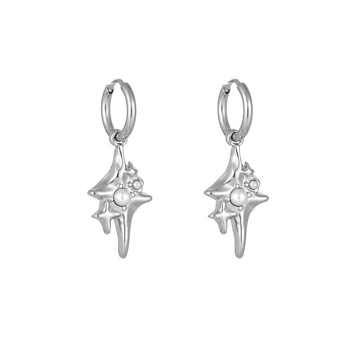 1 par de pendientes colgantes de perlas artificiales de acero inoxidable con incrustaciones de estrellas elegantes