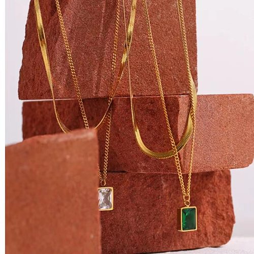 Modische, geometrische, geschichtete Halsketten aus Edelstahl mit Zirkoneinlage, 1 Stück