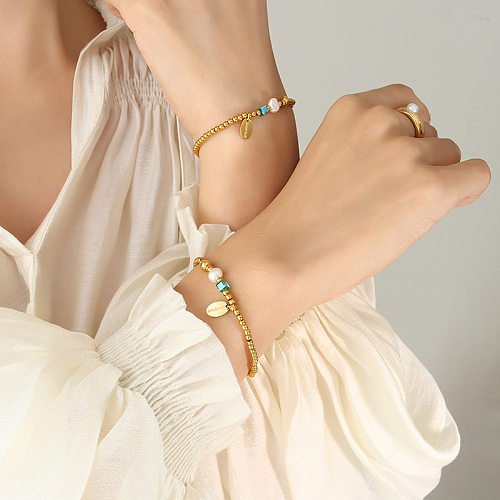 Bracelets en acier au titane ronds géométriques de style ethnique Bracelets en acier inoxydable en cristal artificiel avec perles