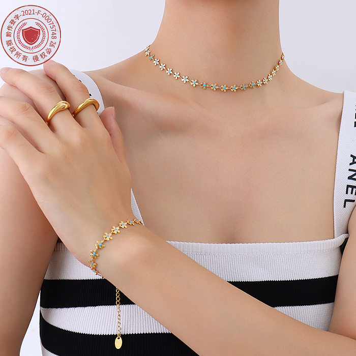 INS European And American Personalized Gold Blue With Flowers Drop Oil Necklace Titanium Steel Plated 18K Real Gold Bracelet Set P075-E012