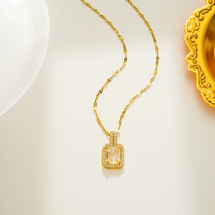 Elegante, schlichte, quadratische Halskette mit Anhänger aus Edelstahl mit Inlay-Zirkon und 18-Karat-Vergoldung