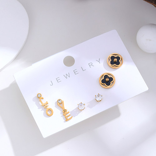3 Pieces Set Elegant Simple Style Streetwear Four Leaf Clover Letter Inlay Stainless Steel Zircon Ear Studs
