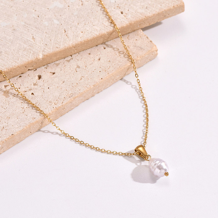 Casual Simple Style Geometric Stainless Steel  Artificial Pearl Plating 14K Gold Plated Pendant Necklace