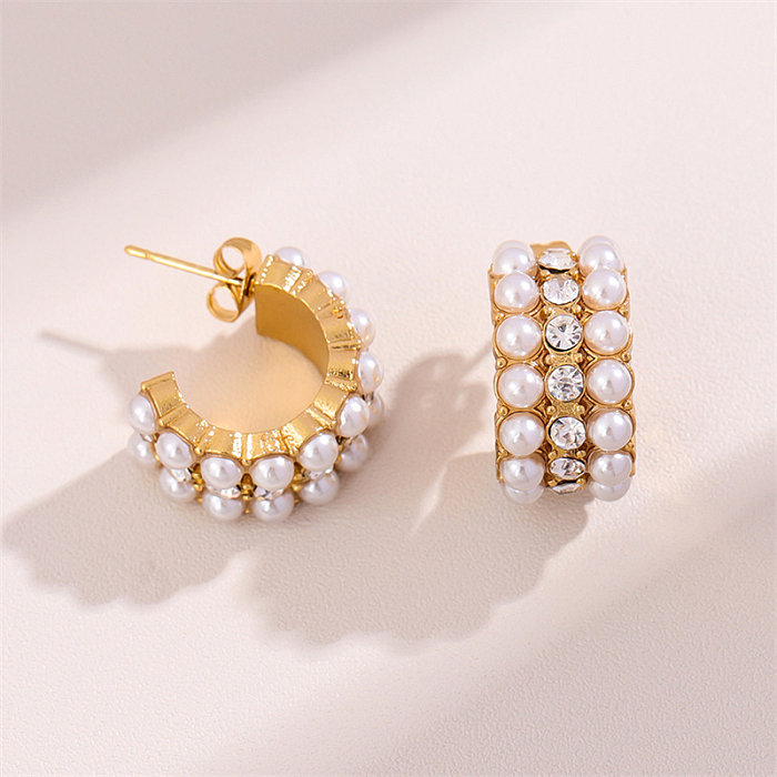 1 par de pendientes chapados en oro de 18K con perlas de imitación de acero inoxidable chapado redondo en forma de C de estilo Simple Retro