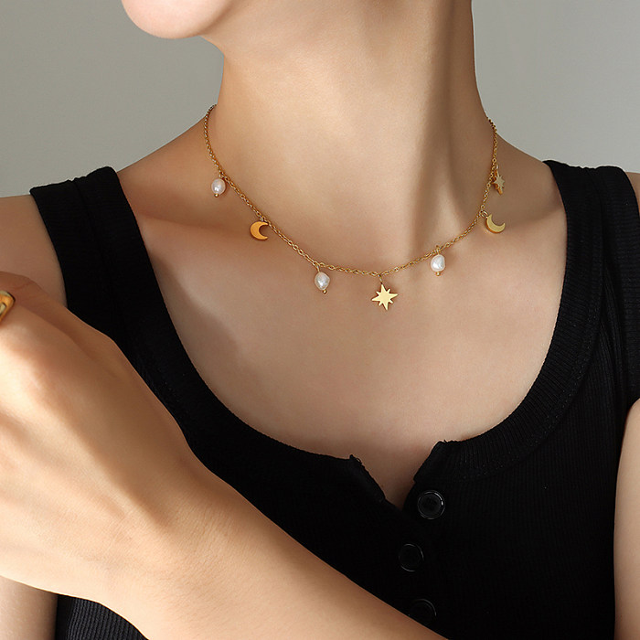 Collier en acier inoxydable étoile lune de Style Simple, colliers en acier inoxydable avec perles plaquées or