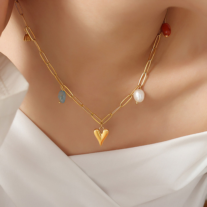 Elegante Herzform-Edelstahl-Halskette mit künstlichen Perlen und Naturstein-Edelstahl-Halsketten